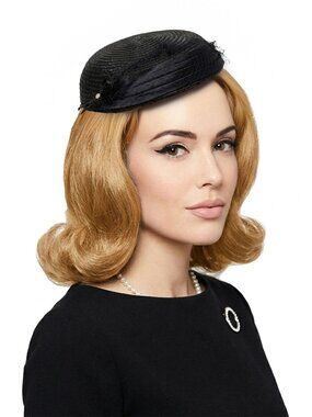 Vintage 60s Black Straw Cellophane Platter Hat with Rhinestone & Netting Accent
